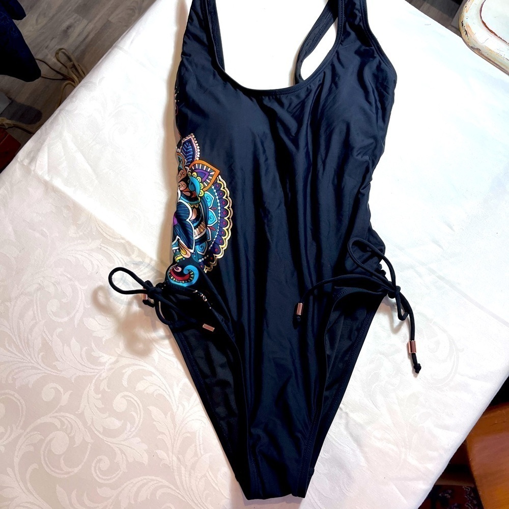 Aqua Rose Black Lace sided Mandala pattern One Piece bathing suit in XS